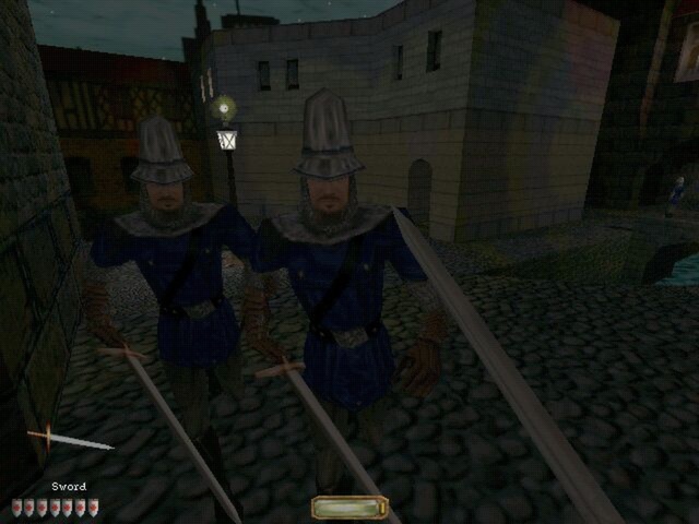 Garrett faces two guards in a city street.