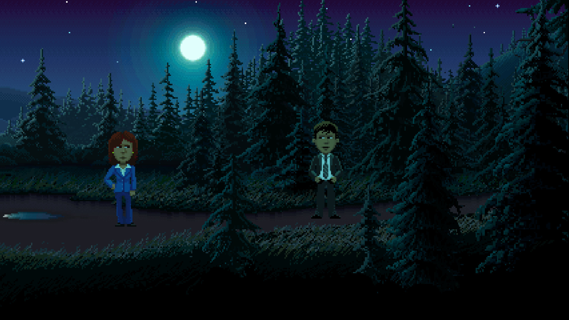A character explores a wooded path at night.