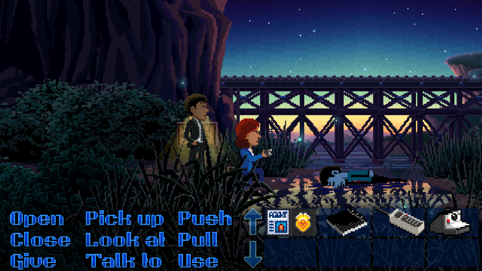 The inventory sits beneath a view of a bridge and river.