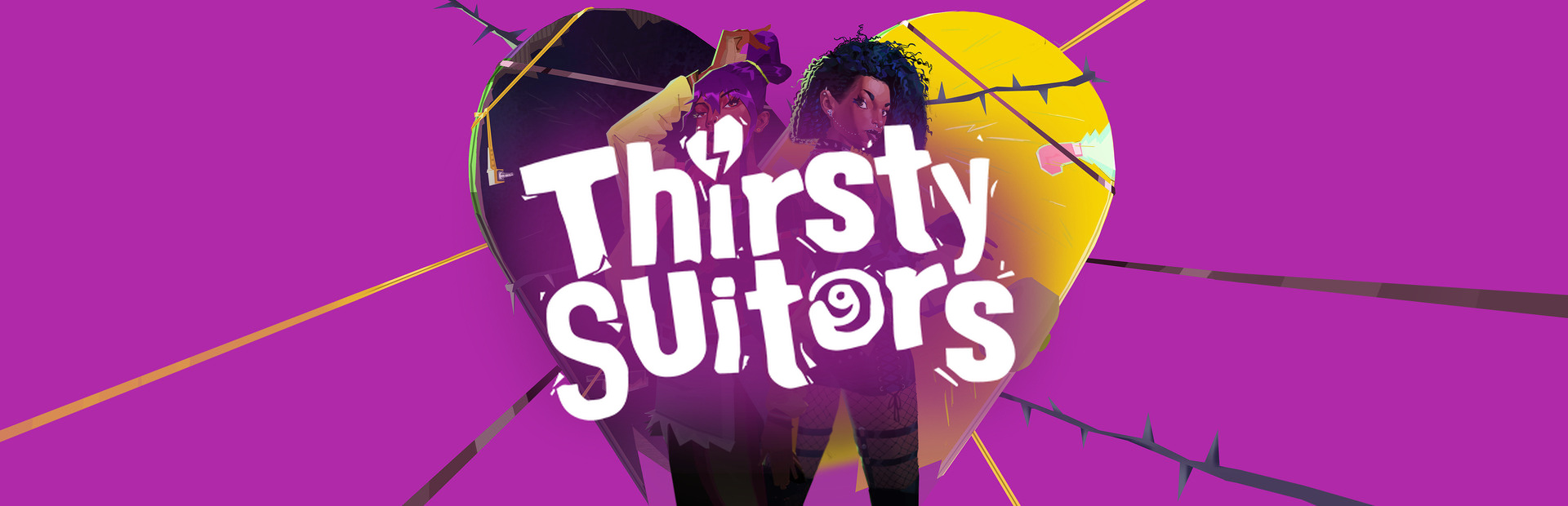 Official Steam library artwork places the Thirsty Suitors title over a bright pink and yellow design.
