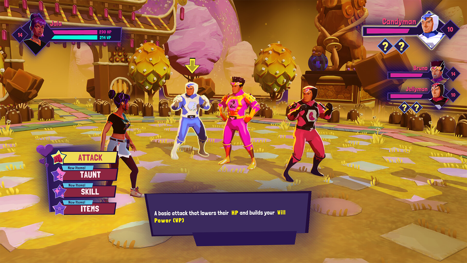 Jala faces several figures in a colourful turn-based encounter.