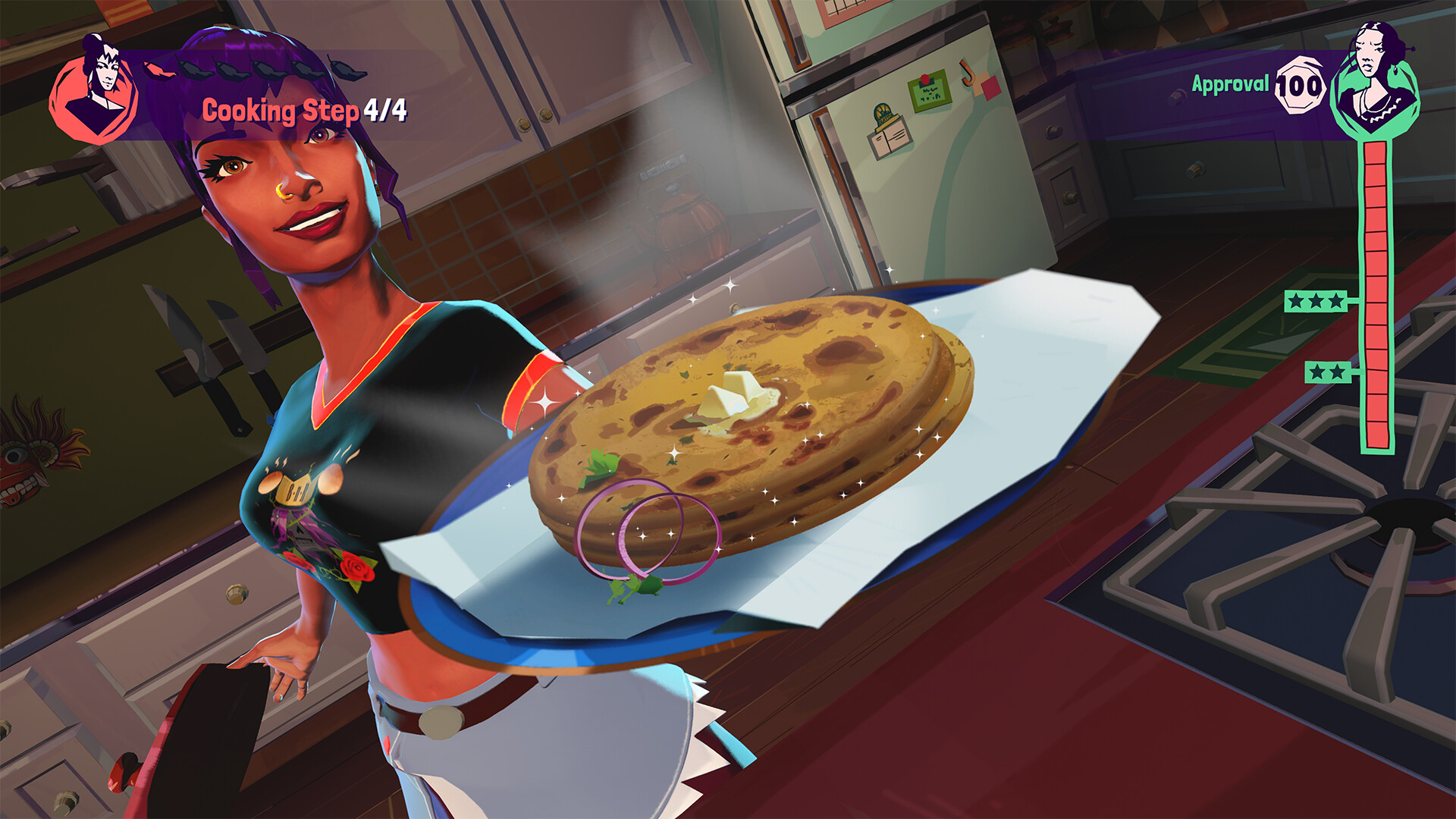 A timed cooking step displays a prepared dish and its approval meter.