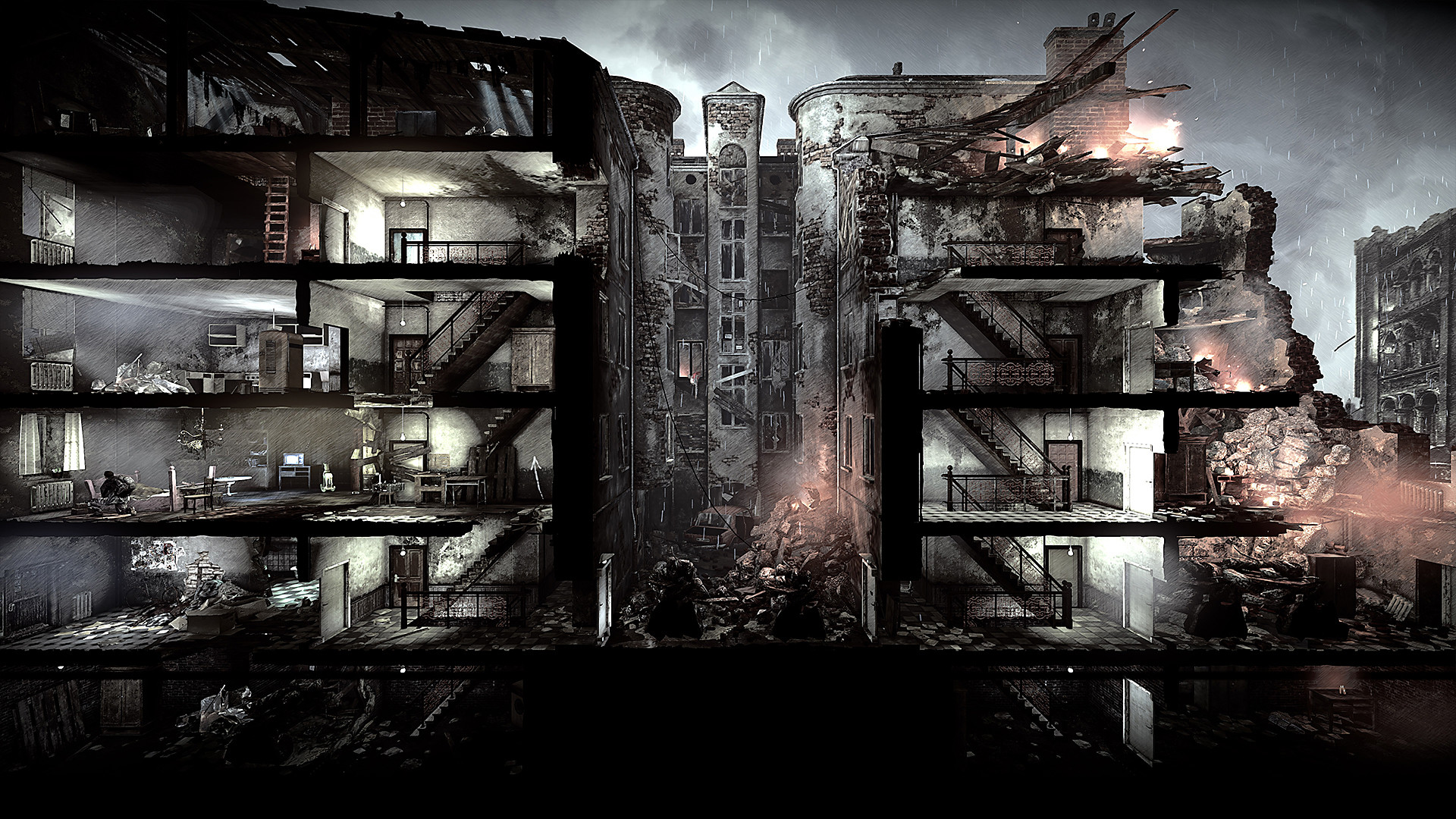 Two damaged apartment buildings stand in a ruined city.