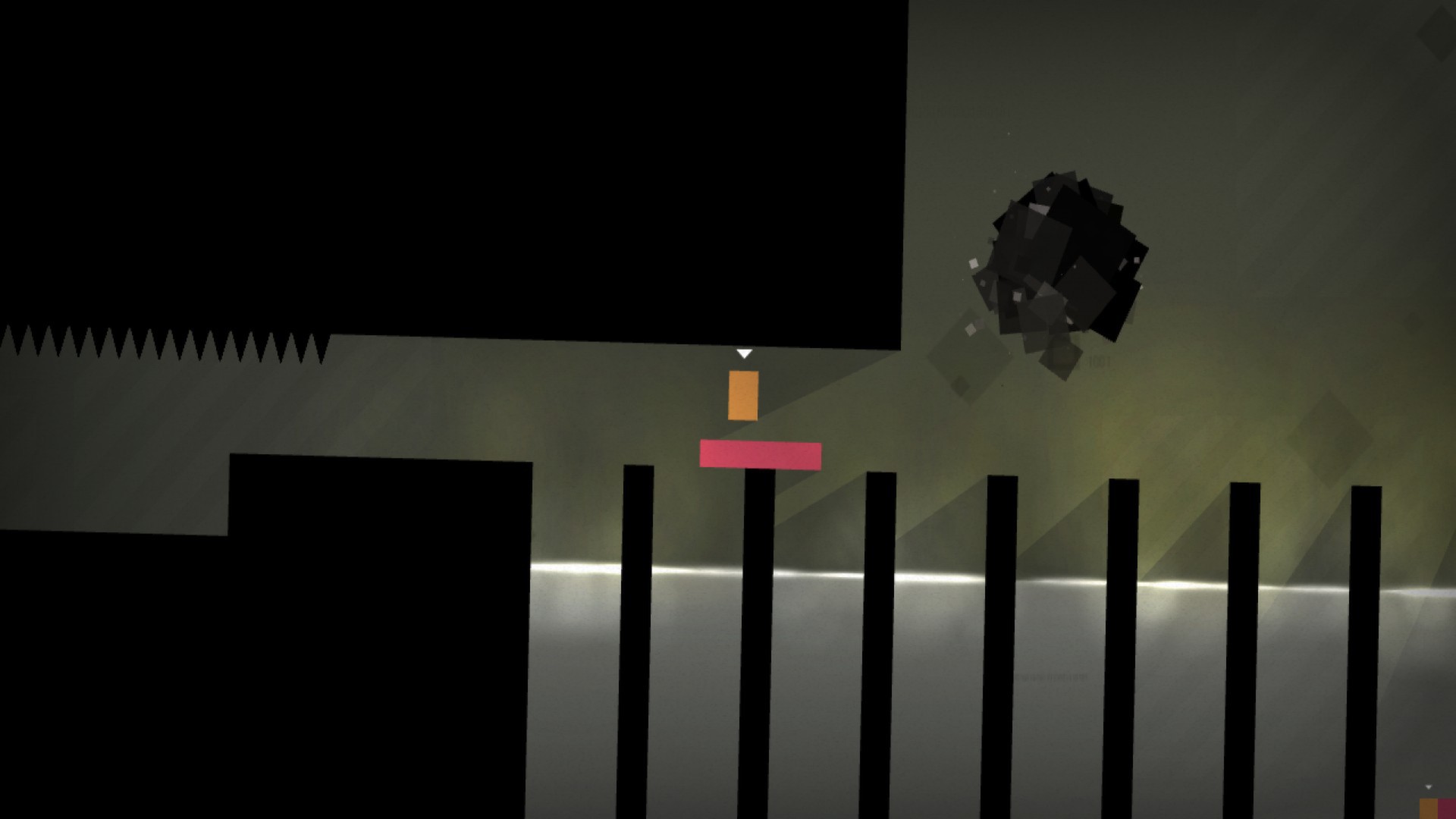 A small rectangular character stands among platforms, spikes and a dark obstacle.