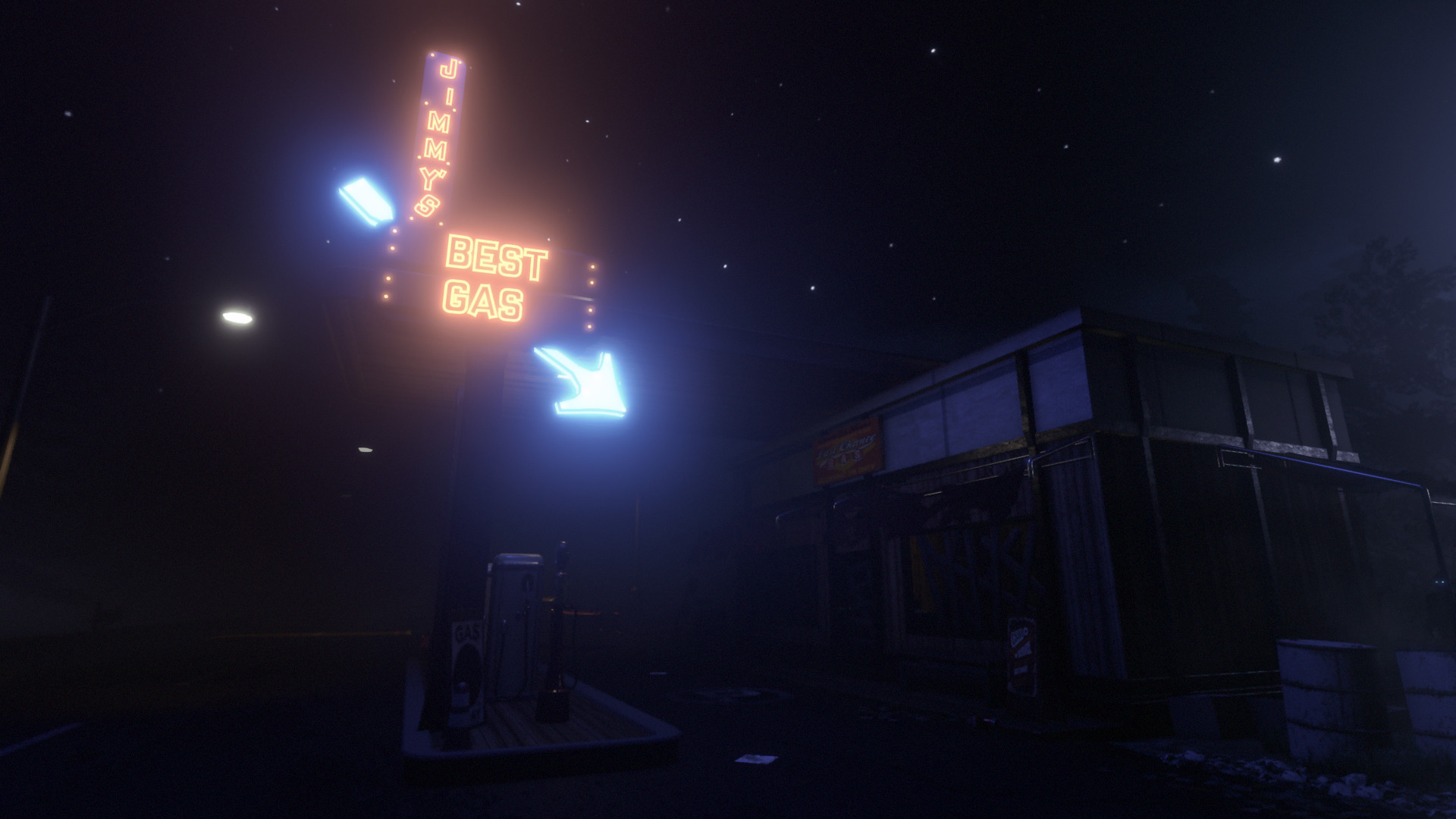 A neon arrow glows above a deserted street at night.