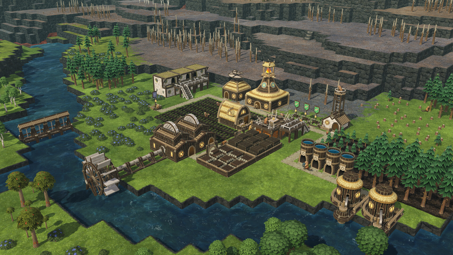 A beaver settlement uses water wheels beside a river.