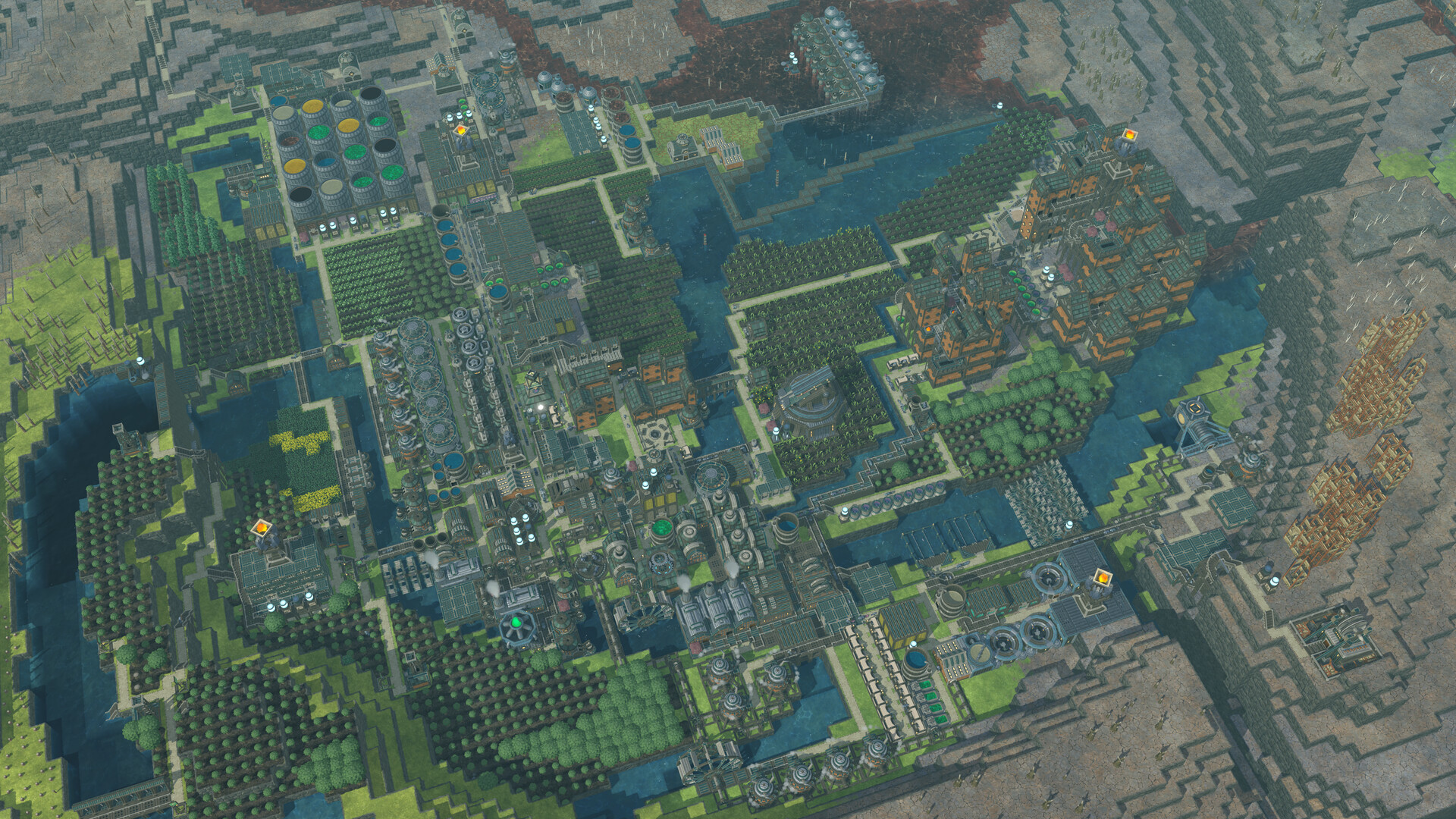 A large settlement spans canals, platforms and cultivated fields.
