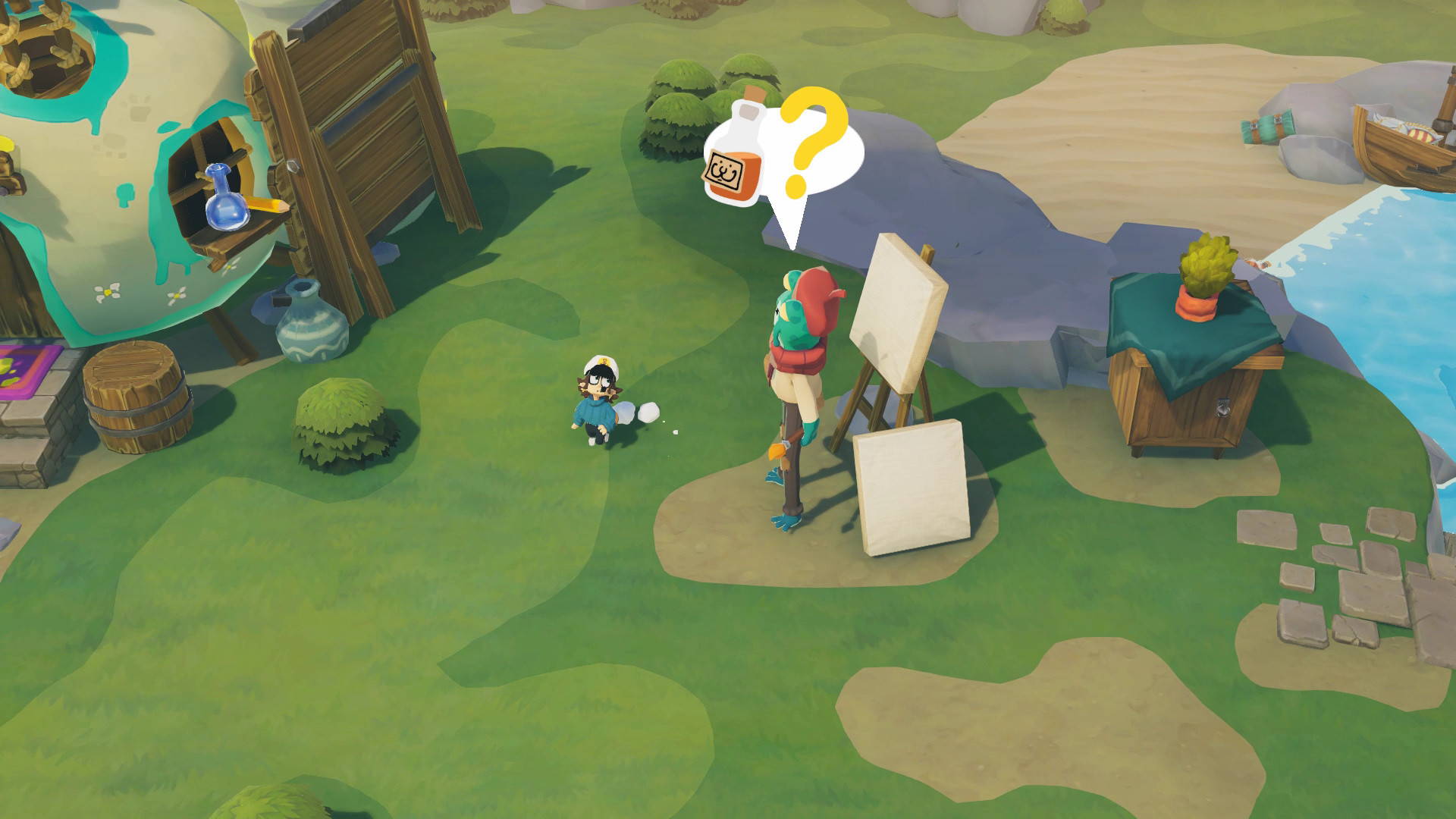 The shipwrecked sailor talks to a frog beside an easel and a pictured item request.