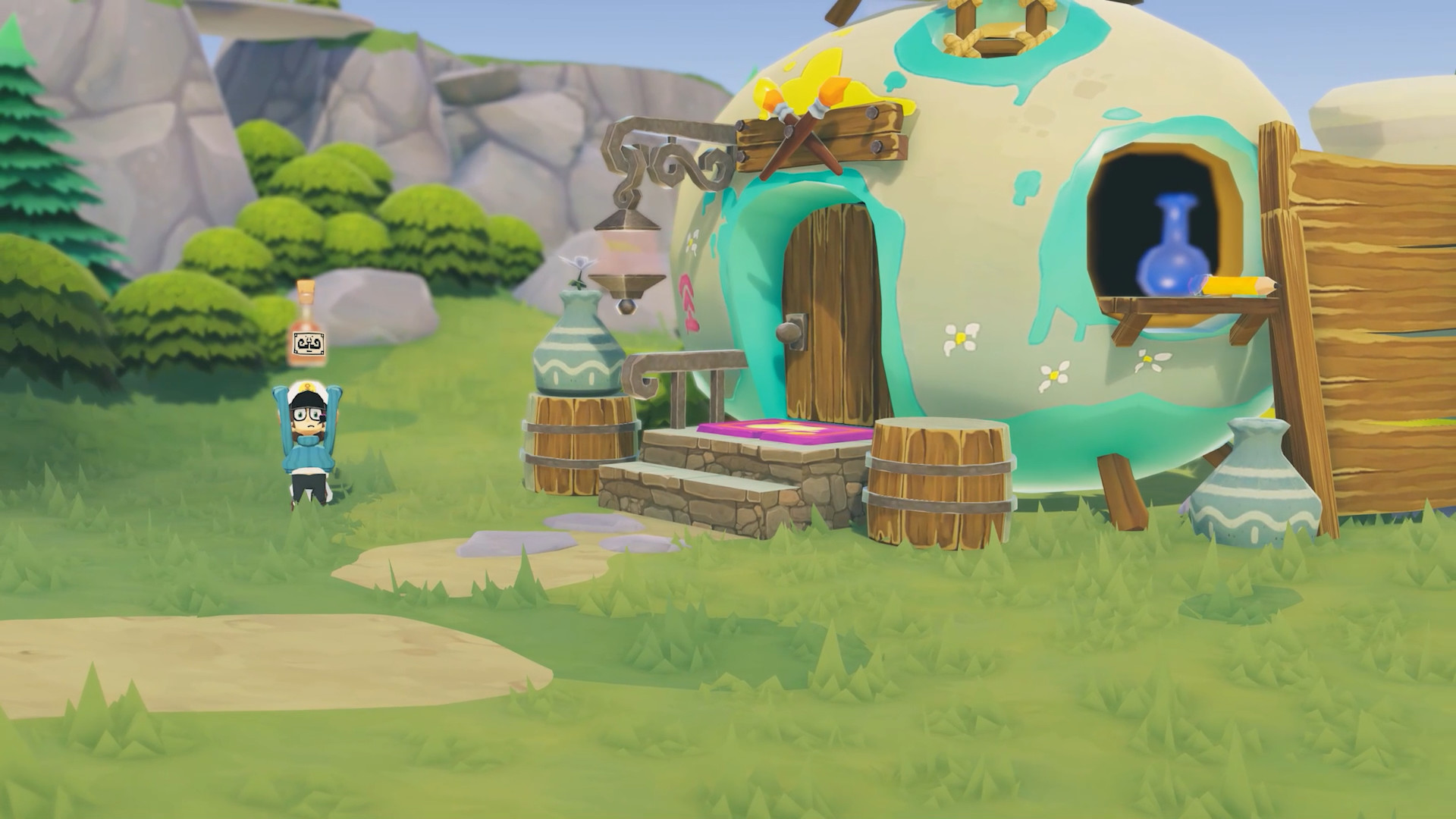 The sailor carries a bottle beside a round island house and its doorway.