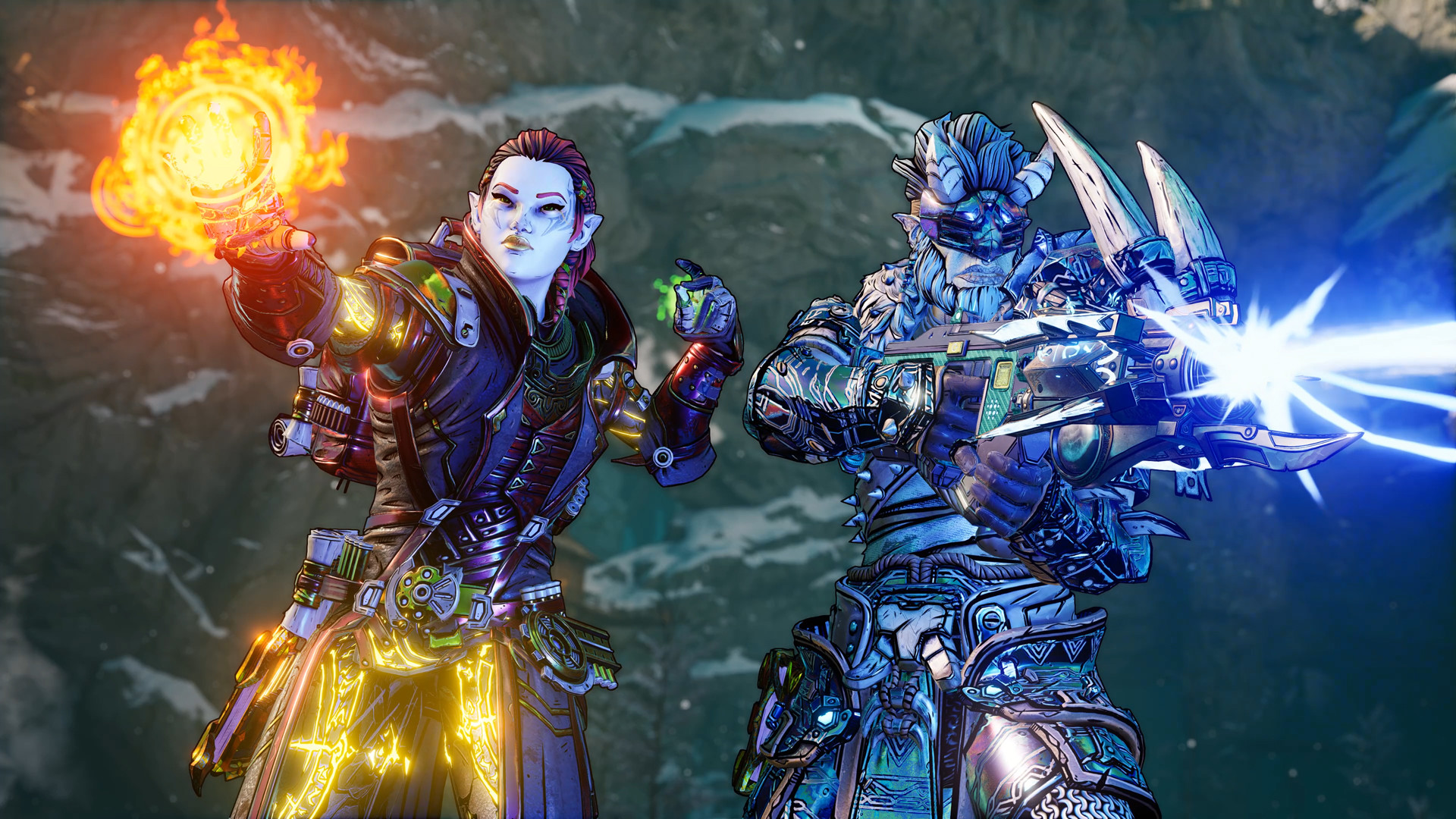 Two adventurers wield magic and weapons in a fantasy scene.