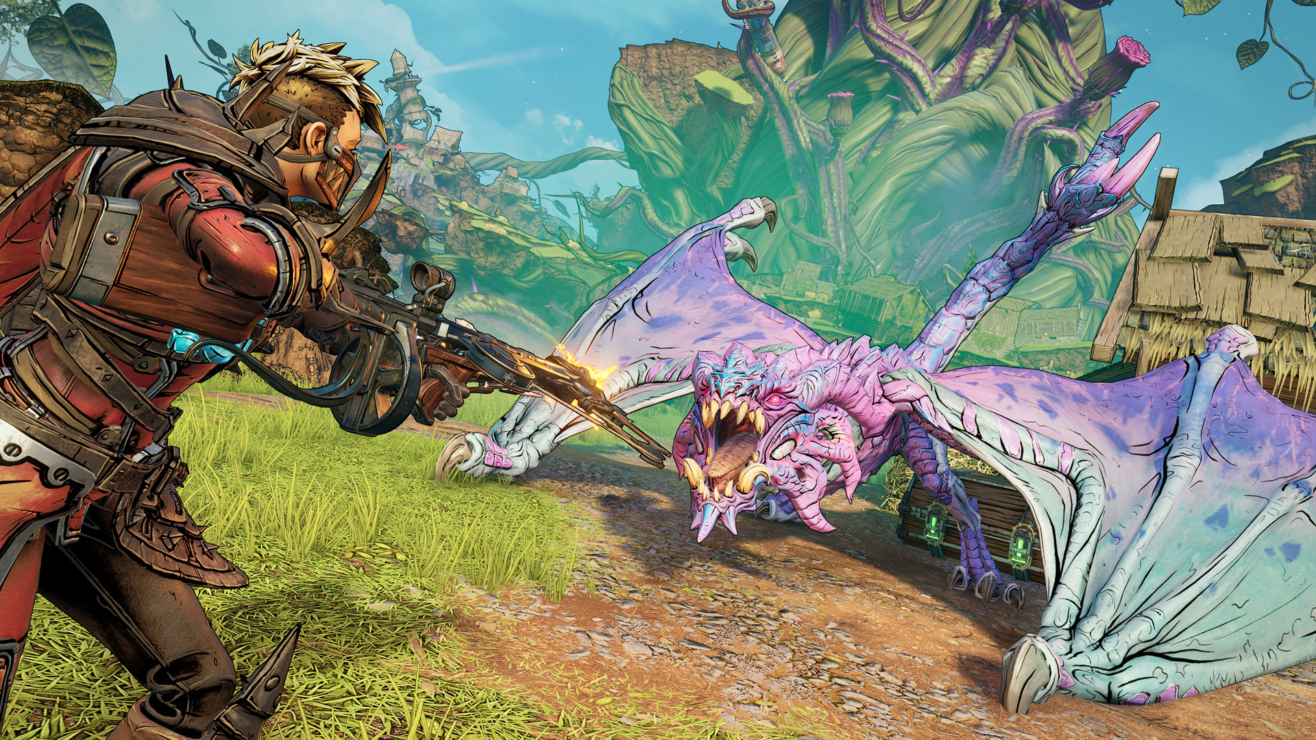 A Fatemaker faces a dragonlike creature in a grassy field.