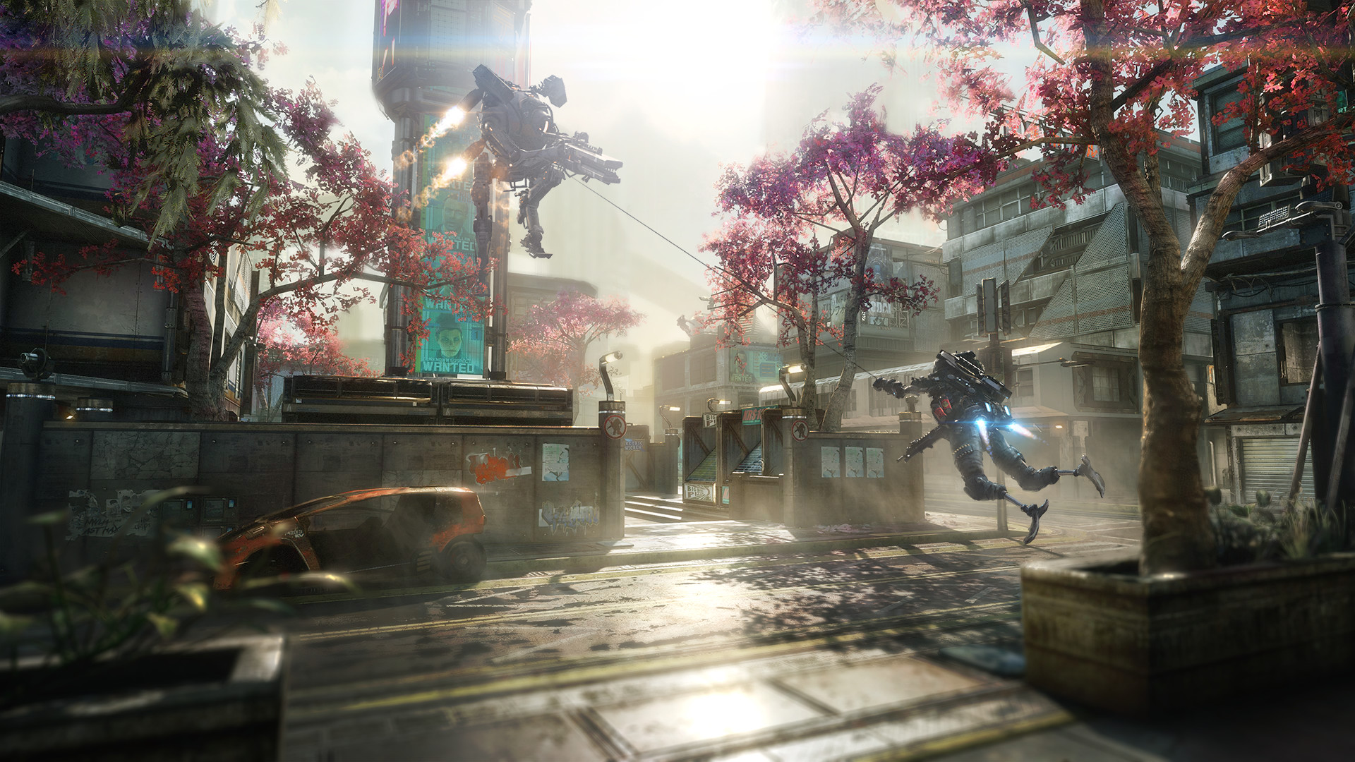 Pilots move through a city street during combat.