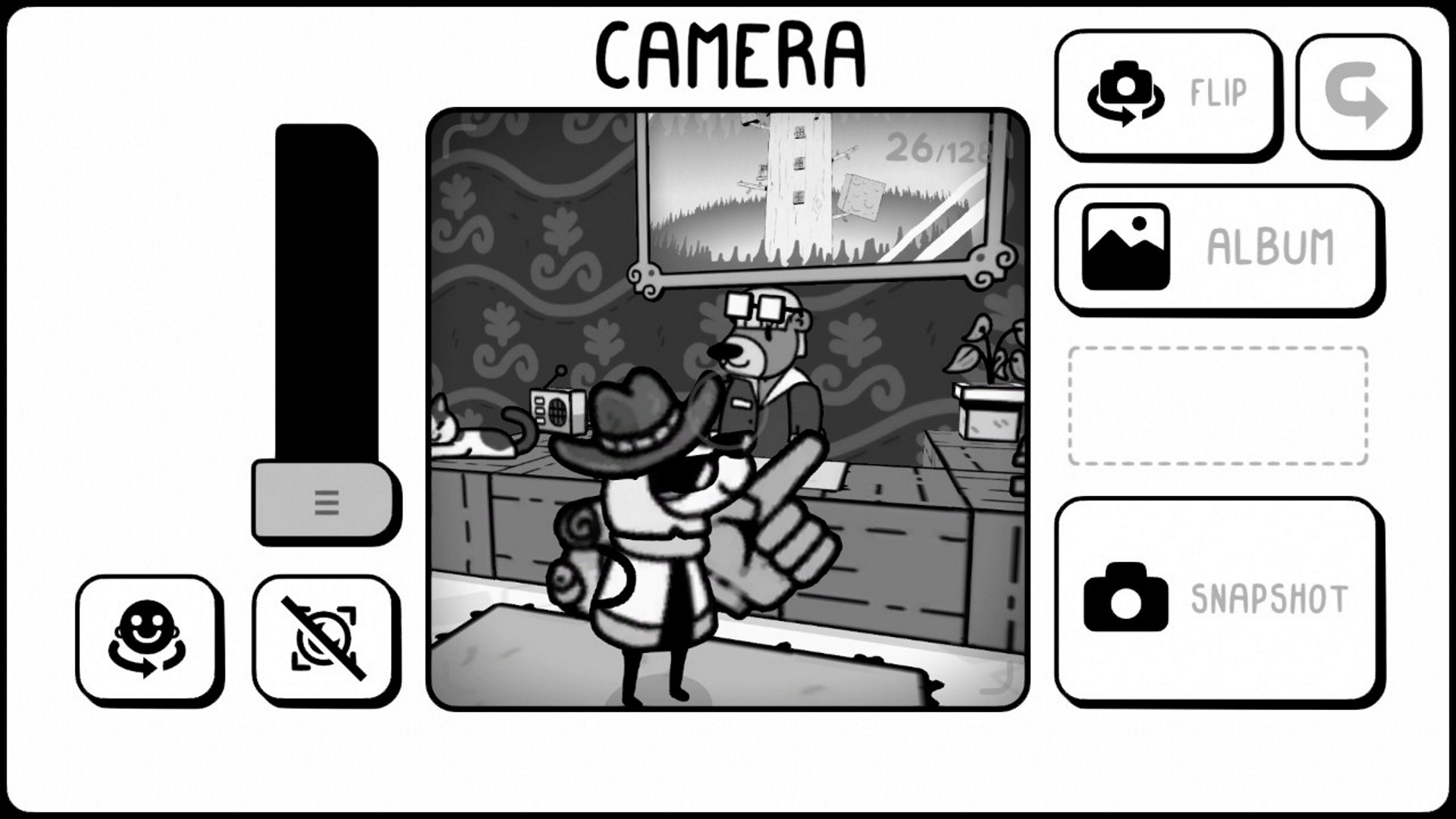 The camera view frames a resident in TOEM’s monochrome world.