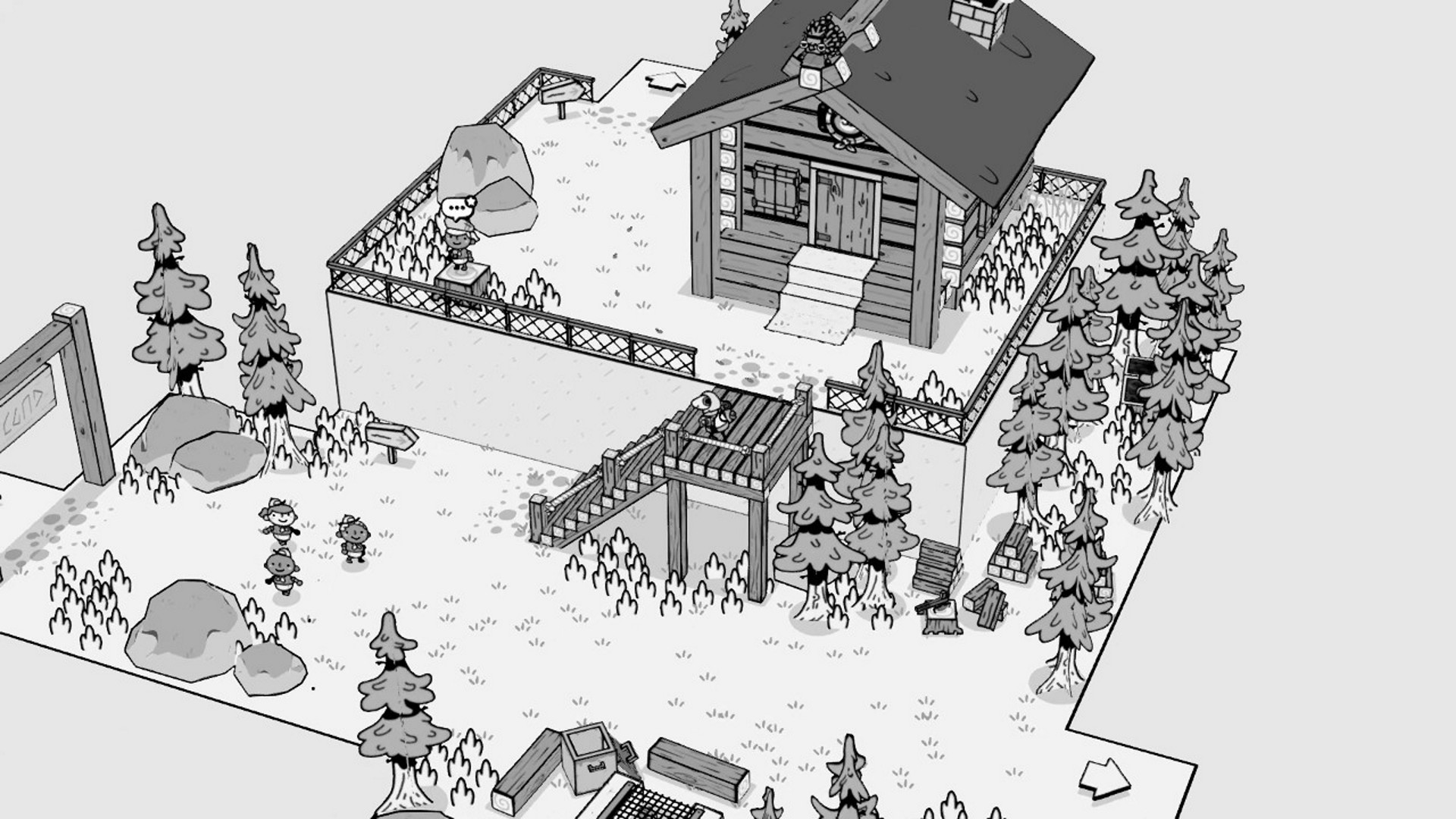 A cabin and trees stand beside a path through a snowy area.