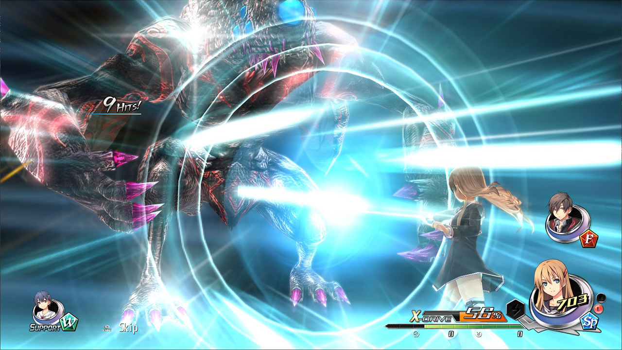 A fighter strikes a large monster with a bright combat ability.