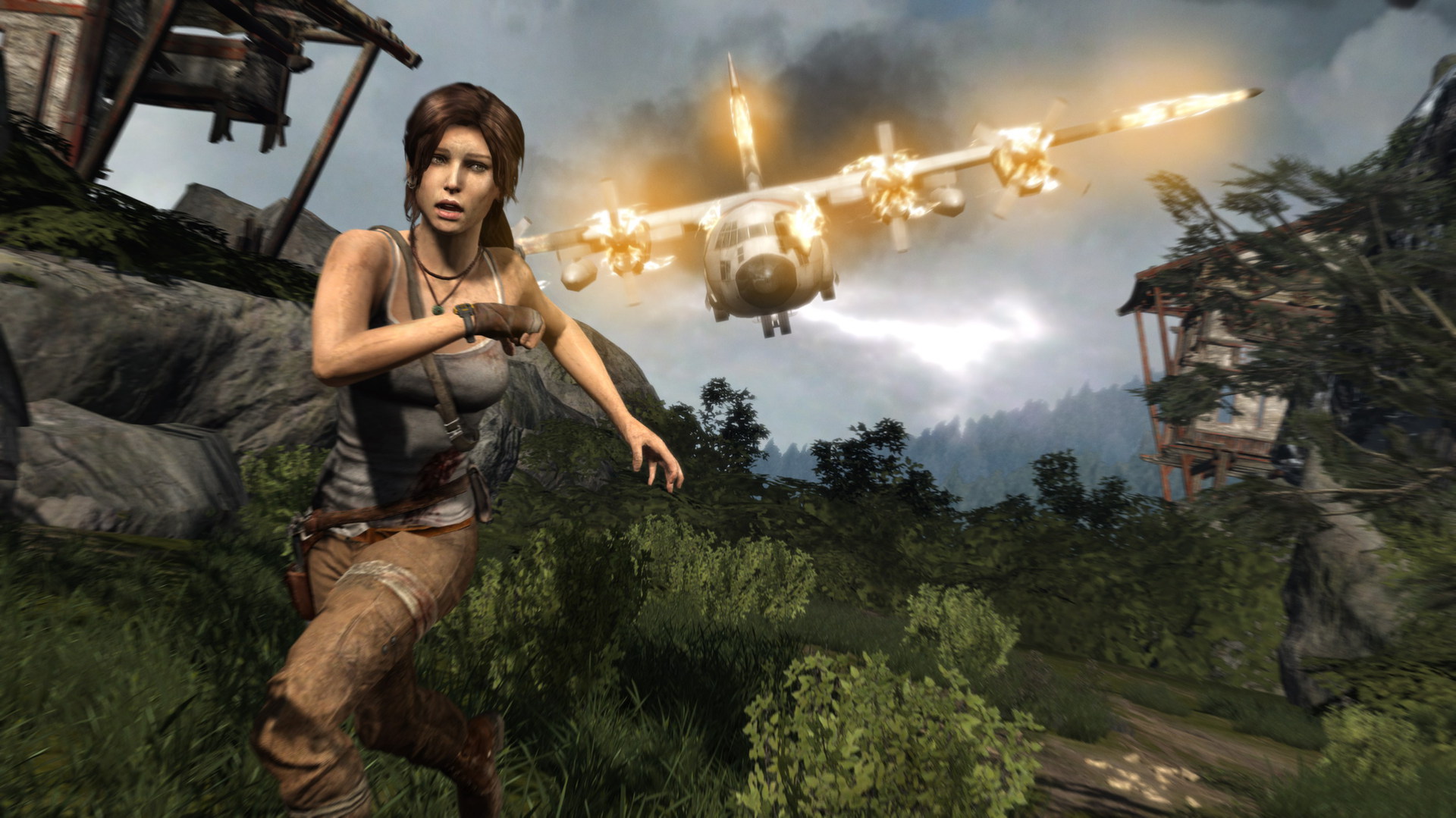 Lara Croft runs as an aircraft passes low overhead.