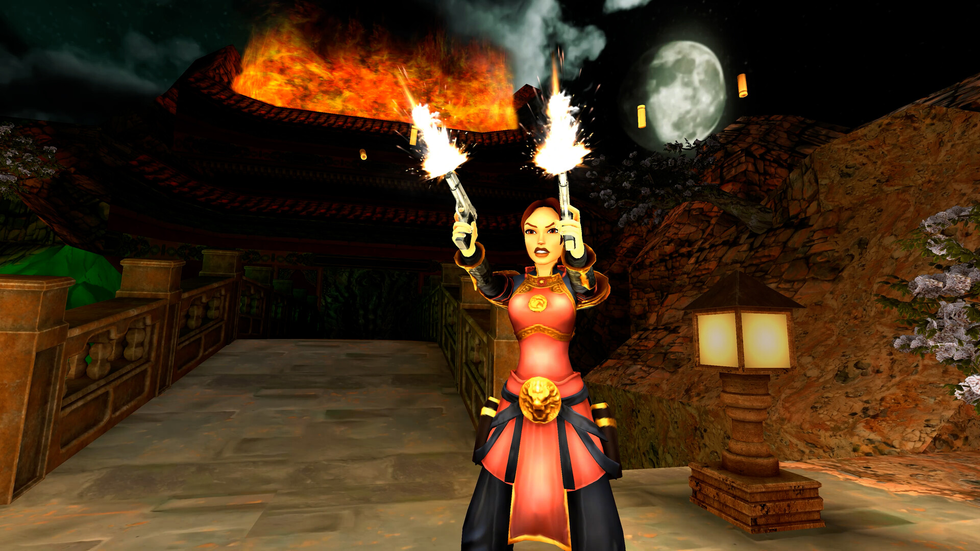 An armed figure stands beneath burning rooftops at night.