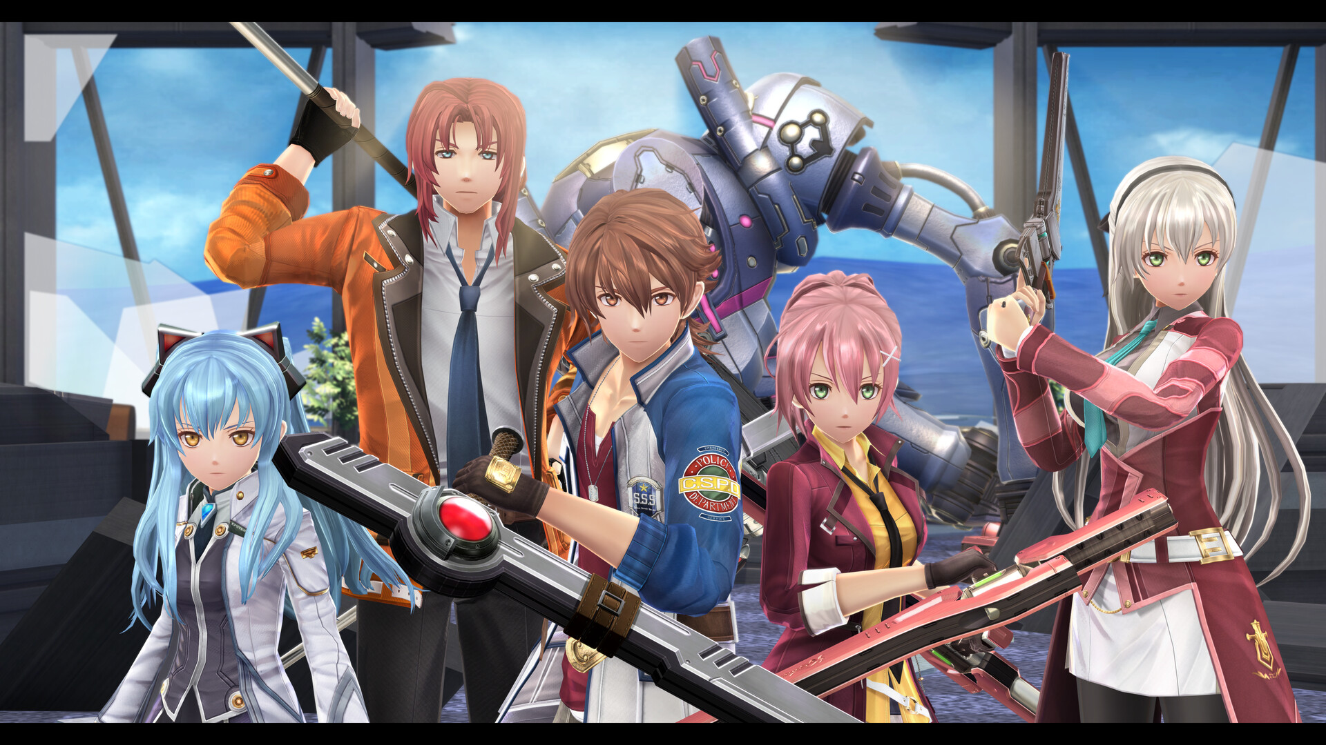 A group of armed characters stand together.