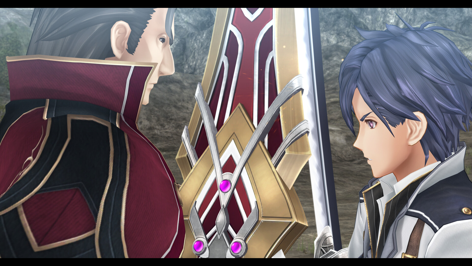 Two characters face each other beside a large blade.