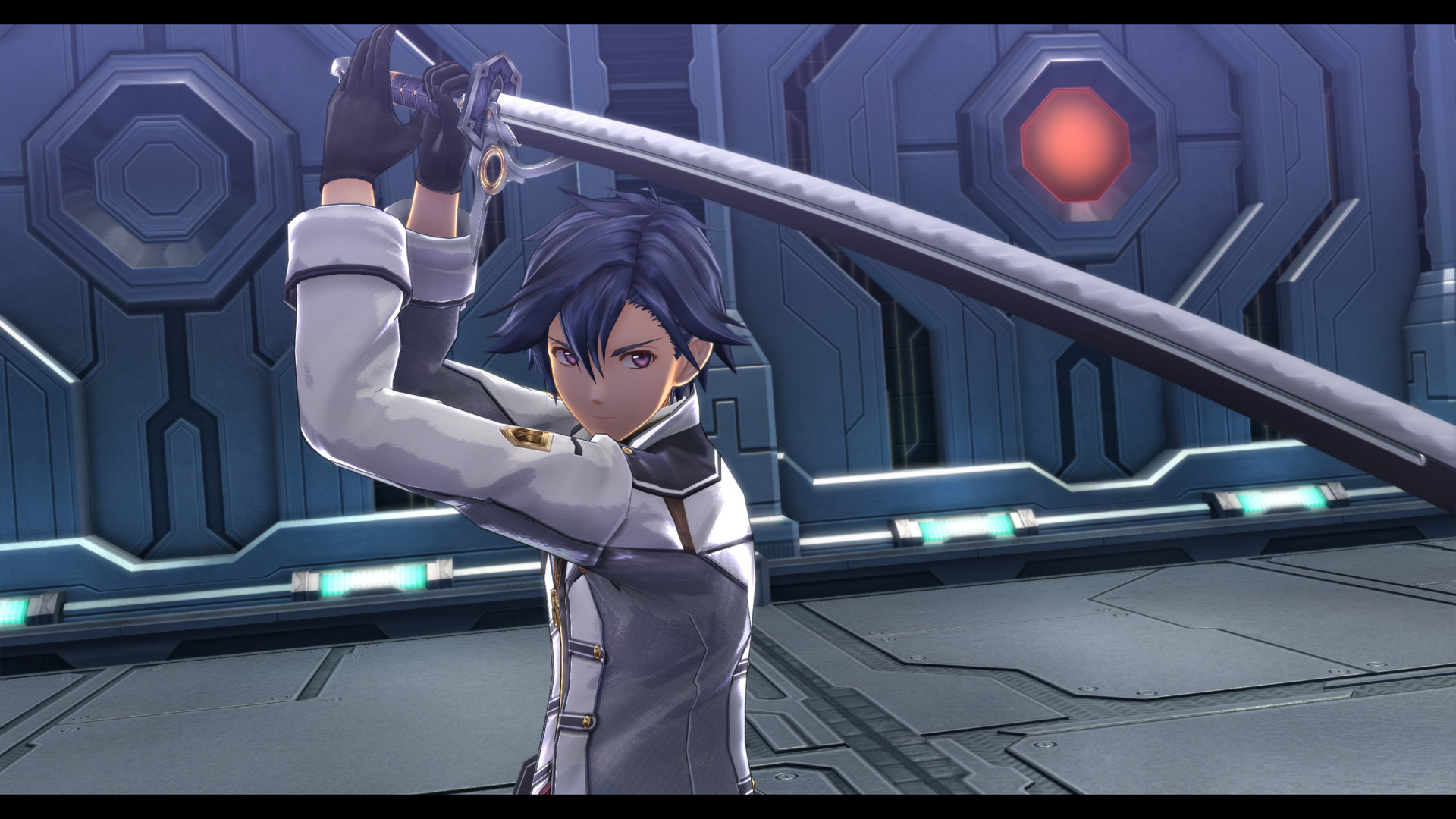A swordsman raises his blade inside a futuristic chamber.
