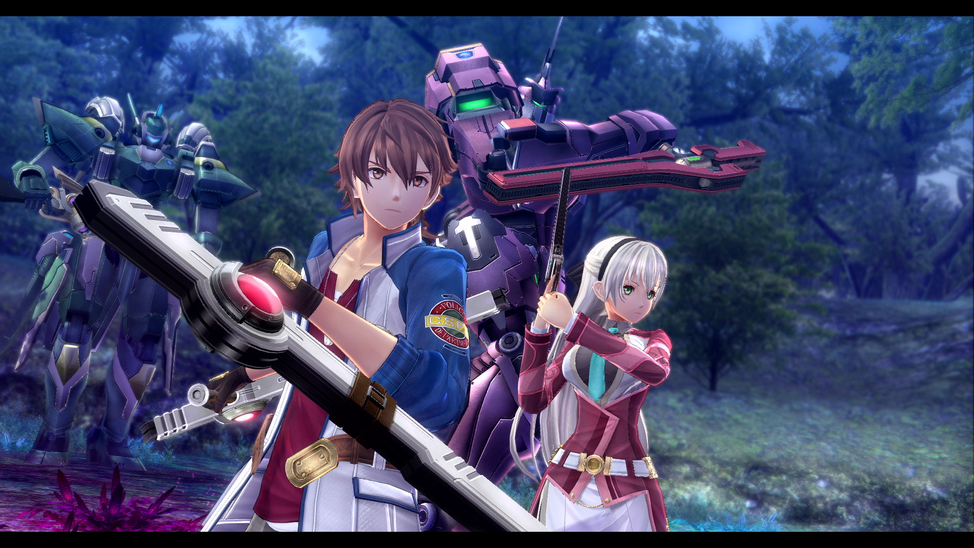 Two Class VII members stand with combat mechs in a wooded area.