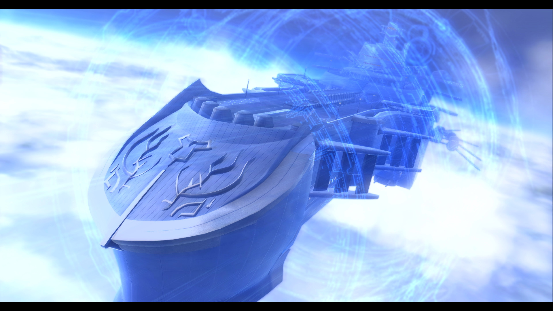 A large airship travels through a ring of blue light.