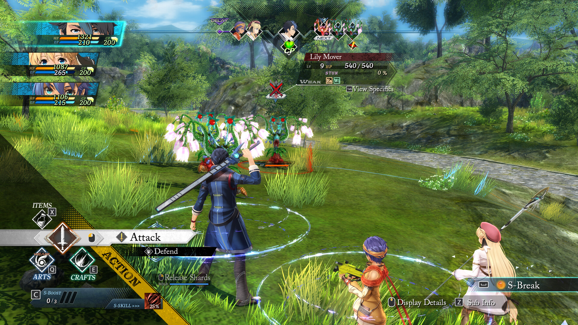 A turn-based command interface overlays a battle in a grassy field.