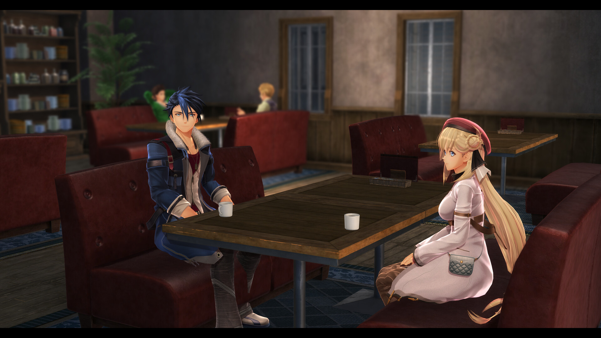 Two characters talk across a table inside a cafe.