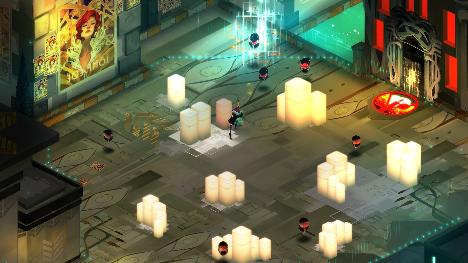 Red stands beside the Transistor on a lit city walkway.