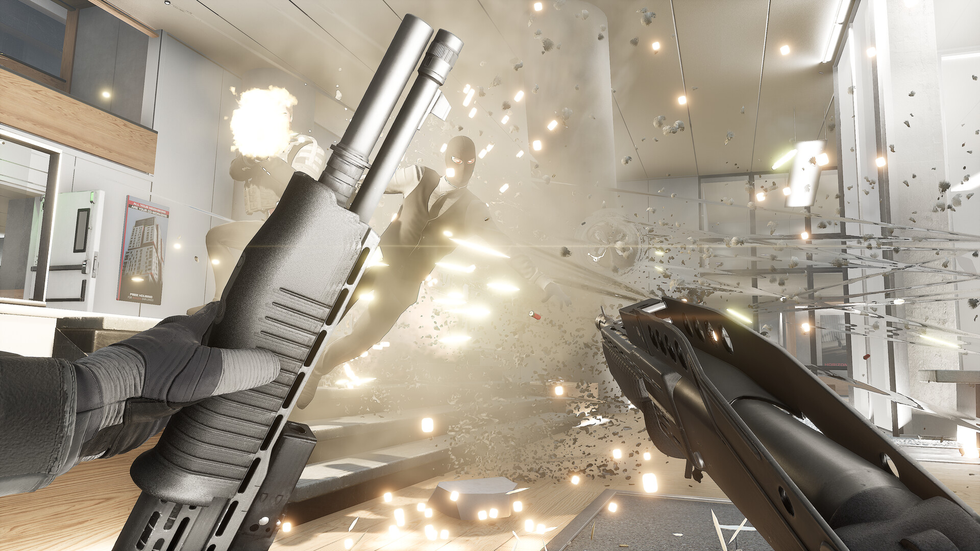 The player fights masked enemies inside a bright building.