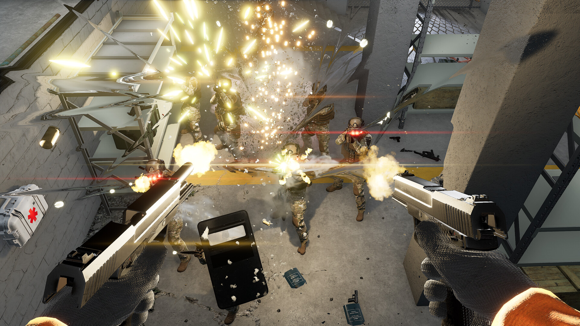 The player fires two pistols toward armed opponents during an explosion.