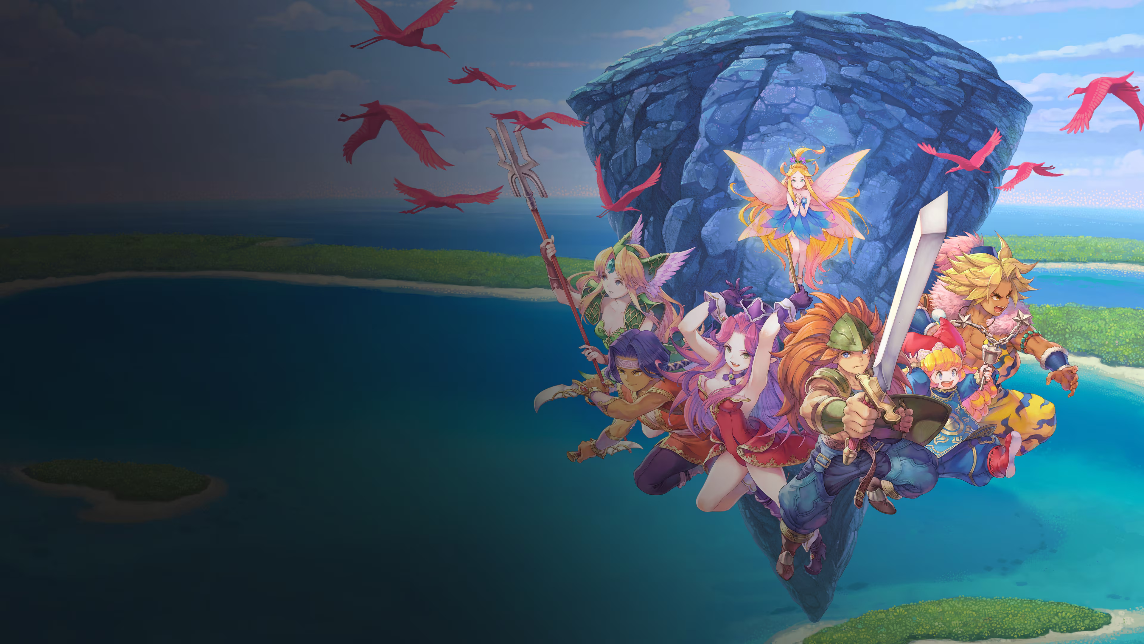 Trials of Mana adventurers in official key art above an island.