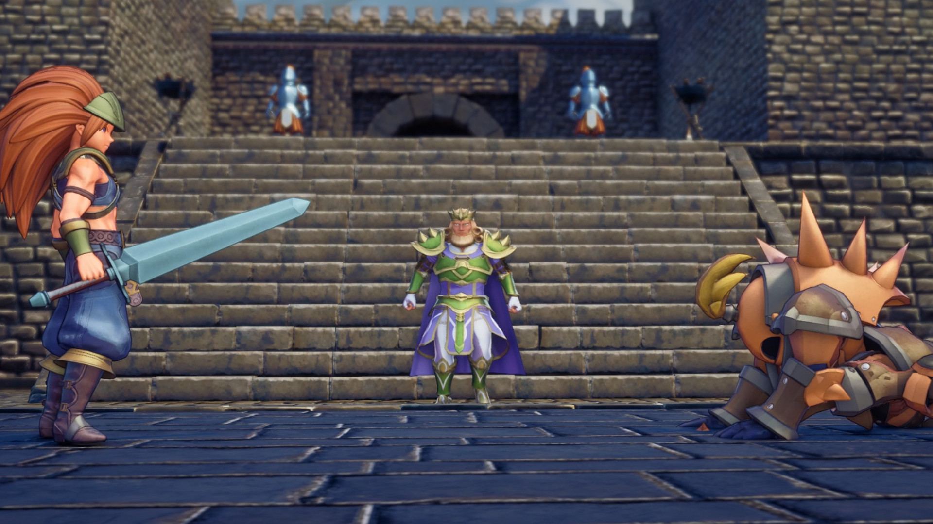 Duran confronts an armoured opponent on the steps of a castle.