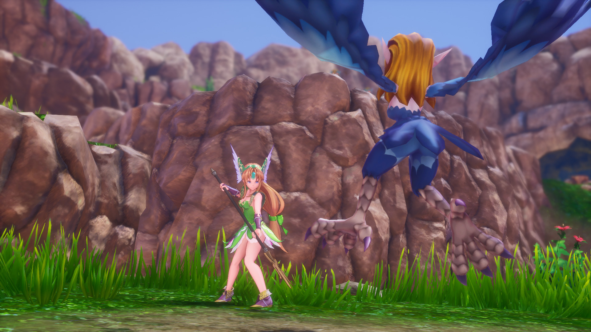 A character faces a giant bird-like creature in a rocky canyon.