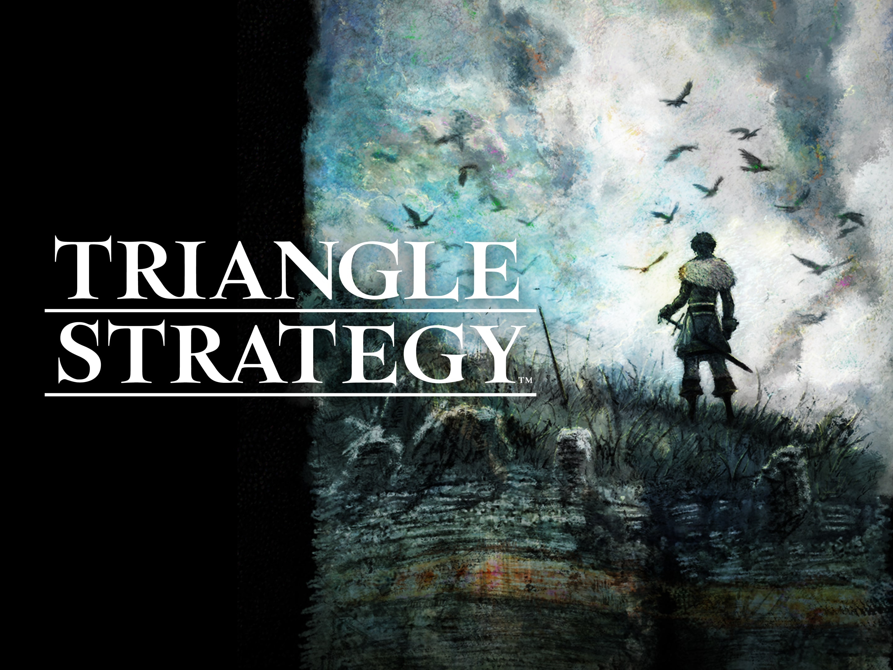 A lone figure overlooks Norzelia beneath the Triangle Strategy title.
