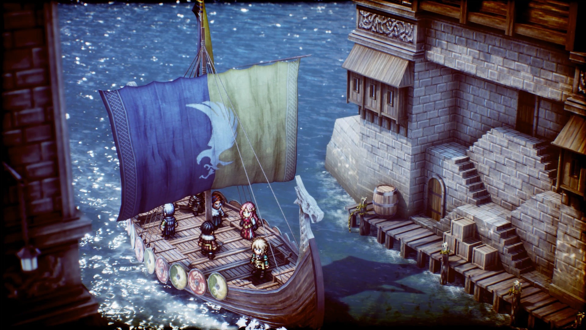 A small boat approaches the steps of a stone port.