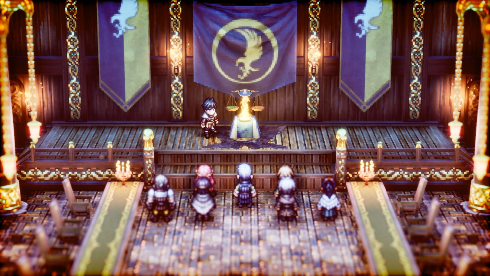 Figures gather before a throne beneath the banners of a royal court.