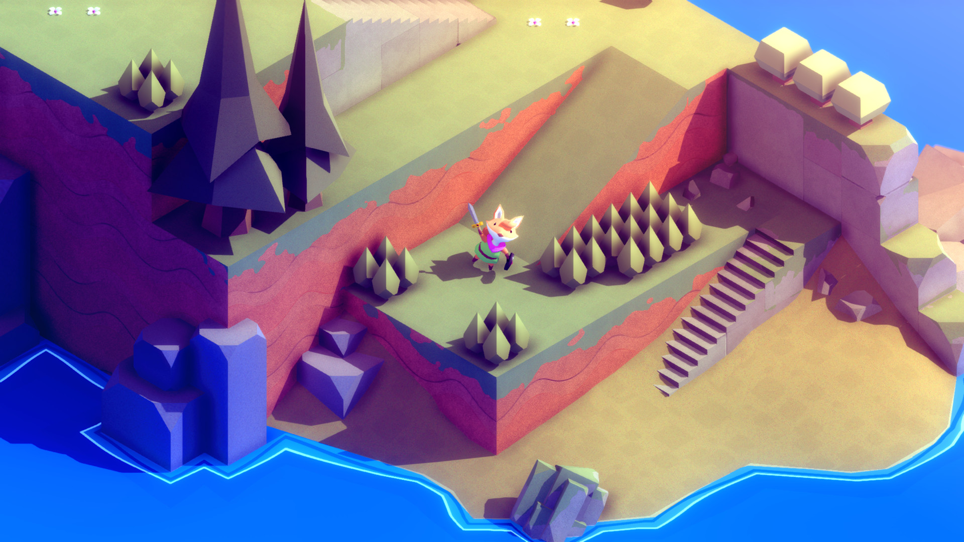 The fox explores a stone path lined with spike traps.