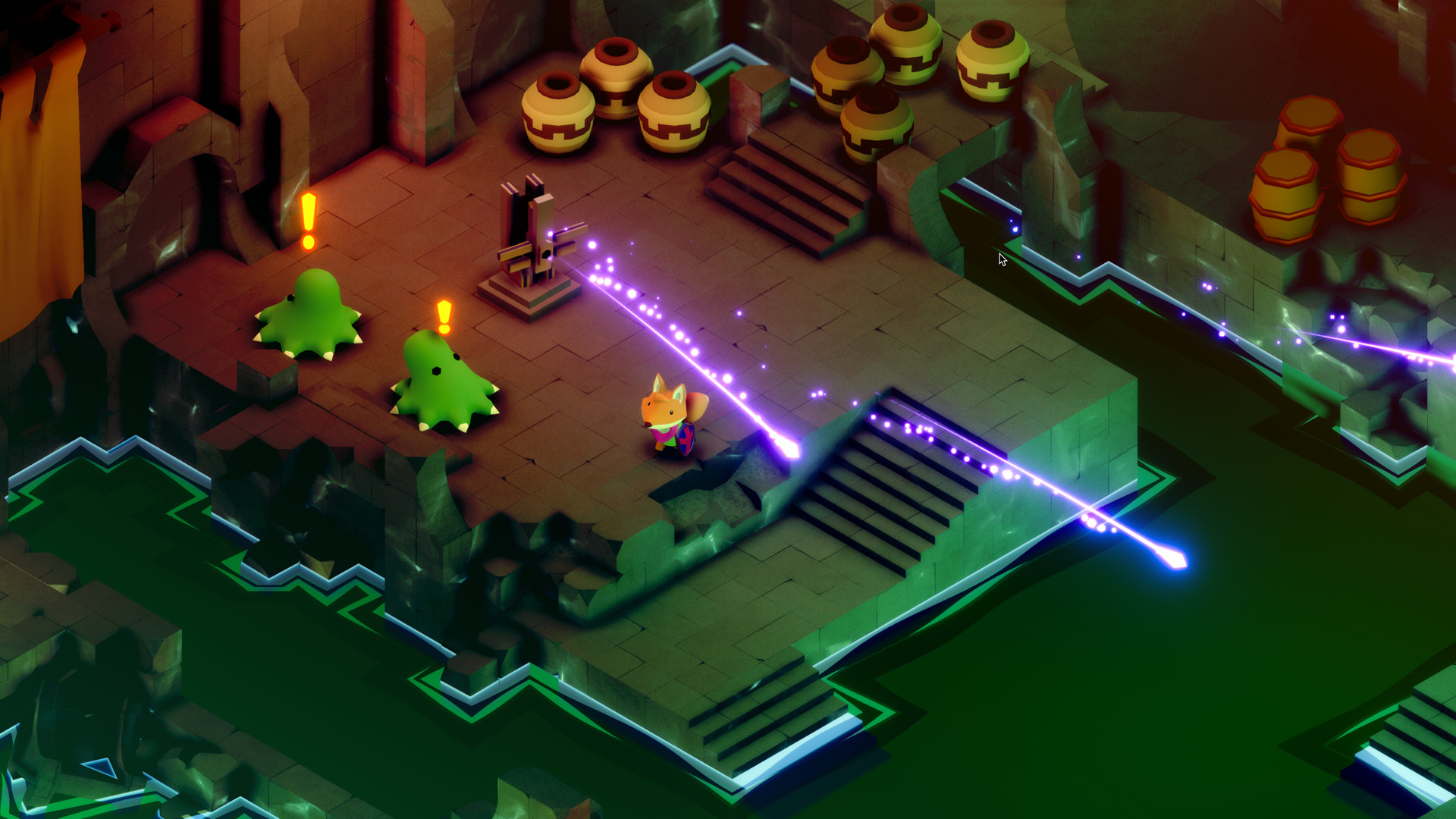 A beam crosses a dim chamber filled with hostile creatures.