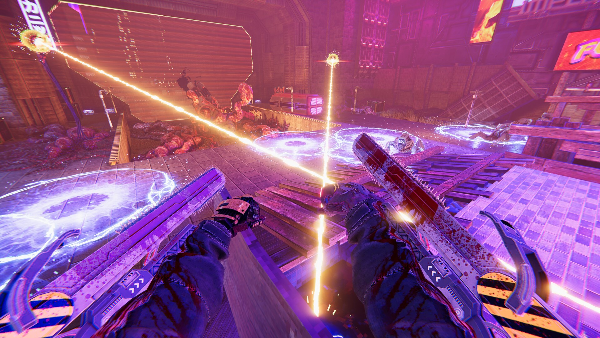 The player aims two chainsaw-equipped weapons across a neon-lit arena.