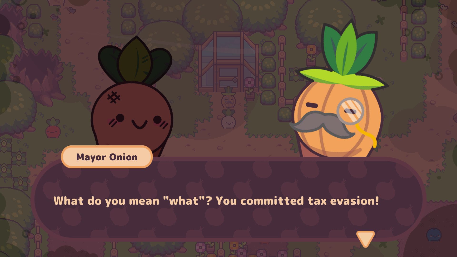 Mayor Onion confronts Turnip Boy about unpaid taxes.