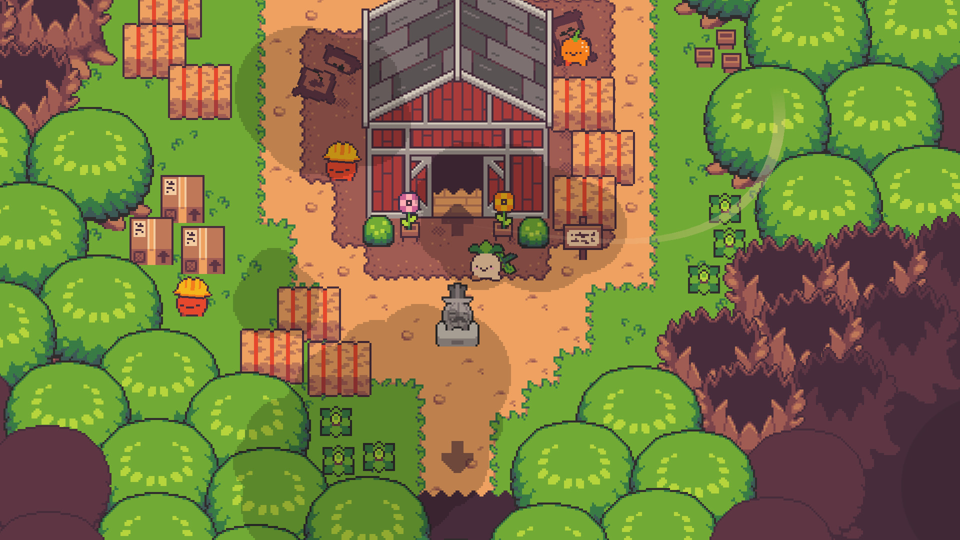 Turnip Boy walks toward a building in a vegetable-filled forest.