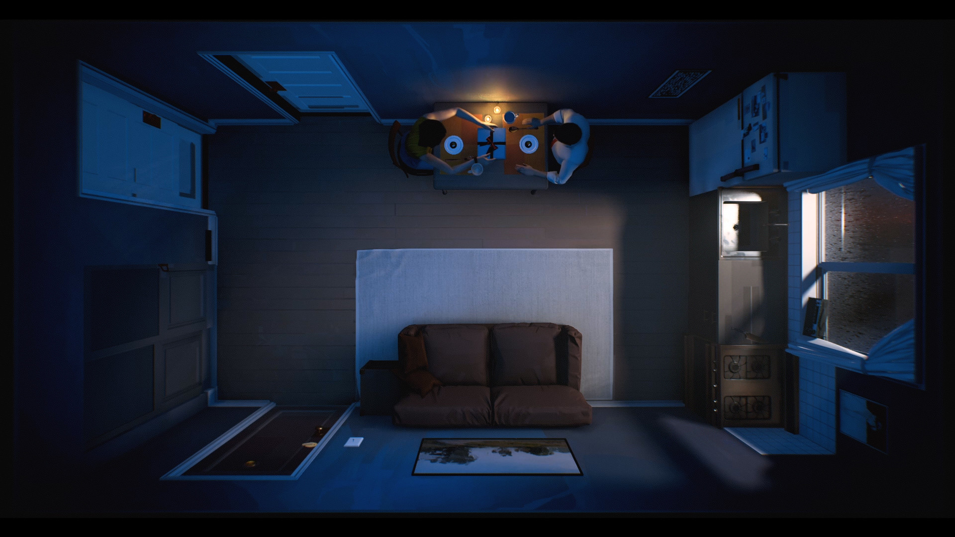 A top-down view shows two people at a table in a dark apartment.