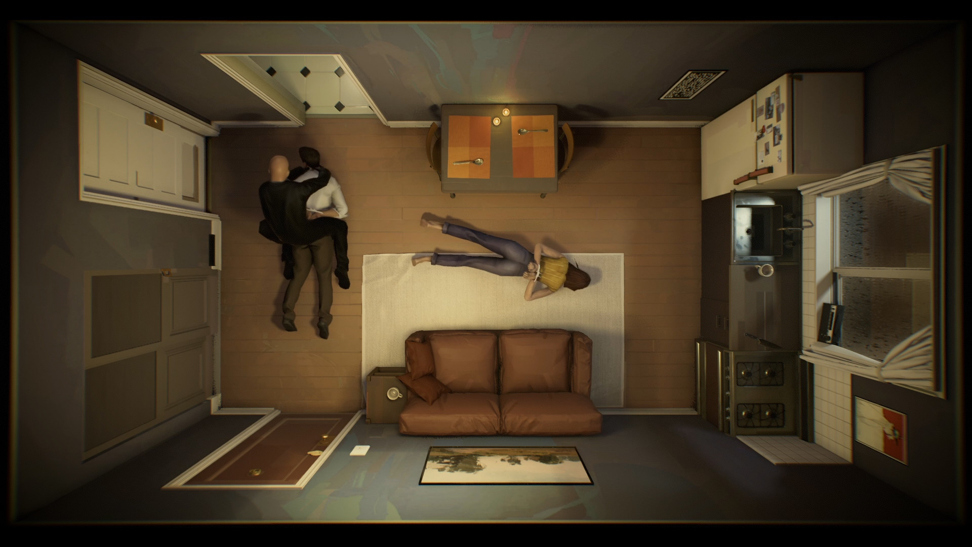A man grapples with another figure near the apartment door while a woman stands nearby.