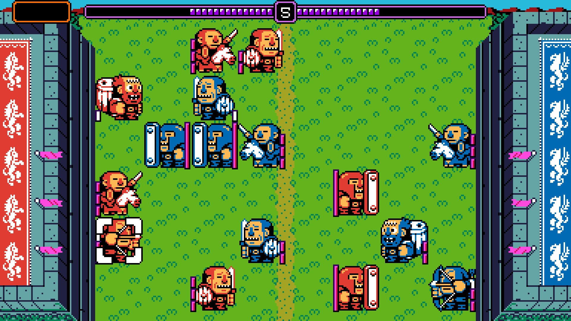 Small armies face each other across a green pixel-art battlefield.