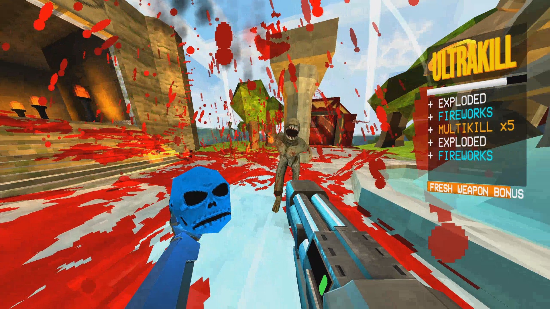 The player holds a blue skull while aiming at a humanoid enemy in a bloodied arena.
