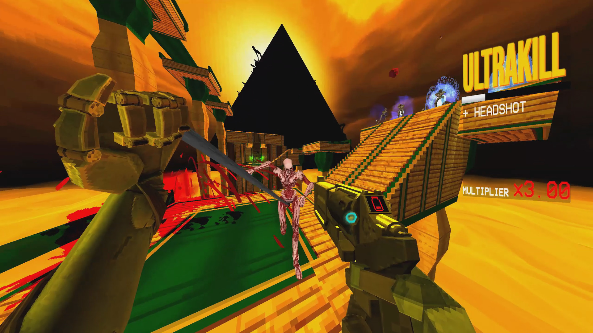 The player faces a skeletal enemy beneath an orange sky and a black pyramid.