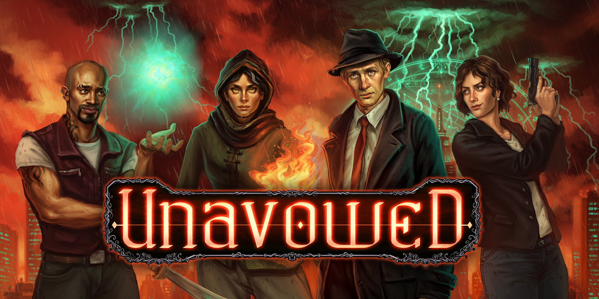 Four Unavowed characters stand under green lightning above the game title.