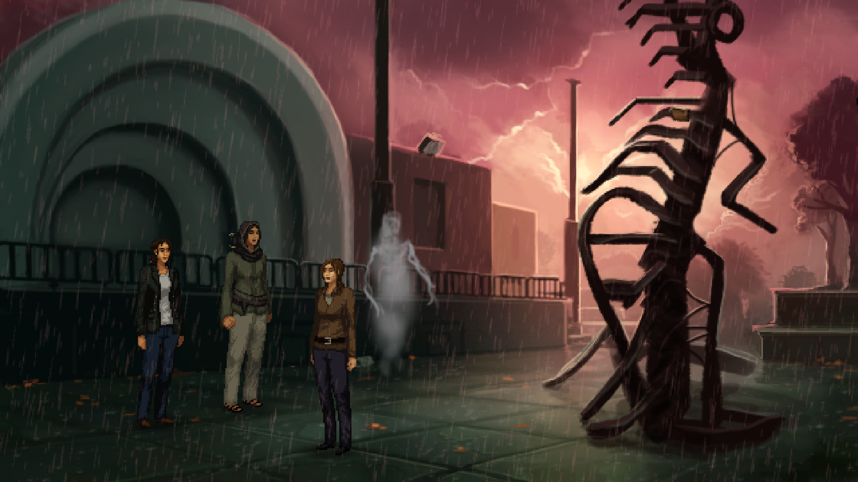 A team of Unavowed investigators faces an otherworldly figure in the rain.