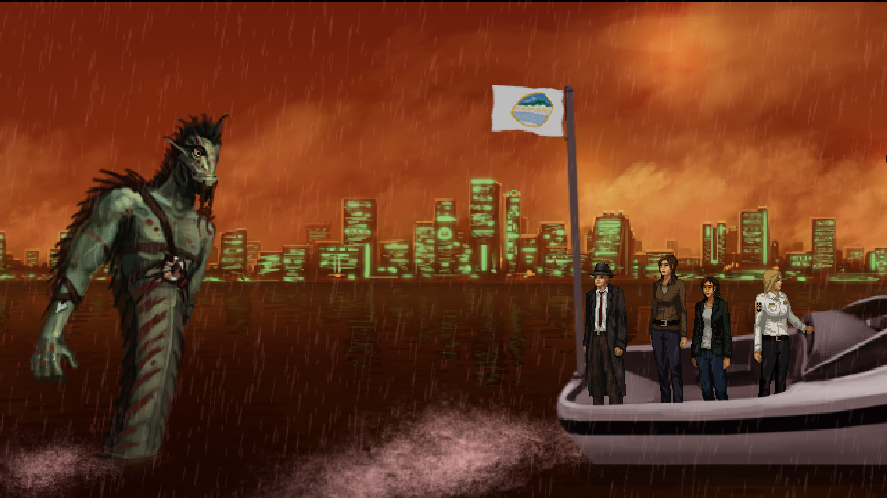 Members of the Unavowed cross dark water against the New York skyline.